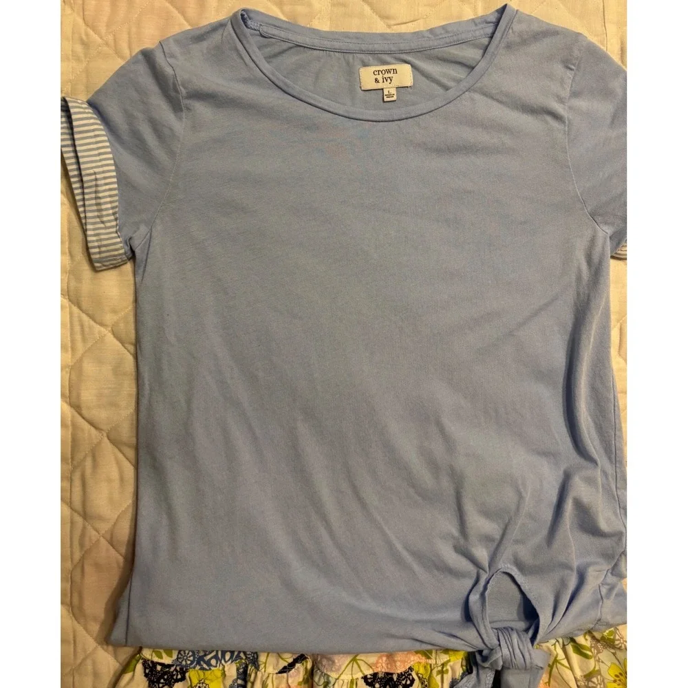 Set of 2 Crown & Ivy Blue Top Striped Sleeves & Cute Floral Skirt Girls Size L‎